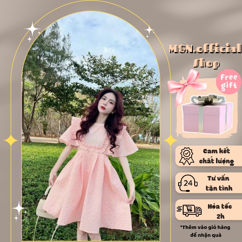Váy babydoll hồng tay phồng tiểu thư xinh xắn dự tiệc, Đầm bbd cổ yếm công chúa dễ thương mùa hè
