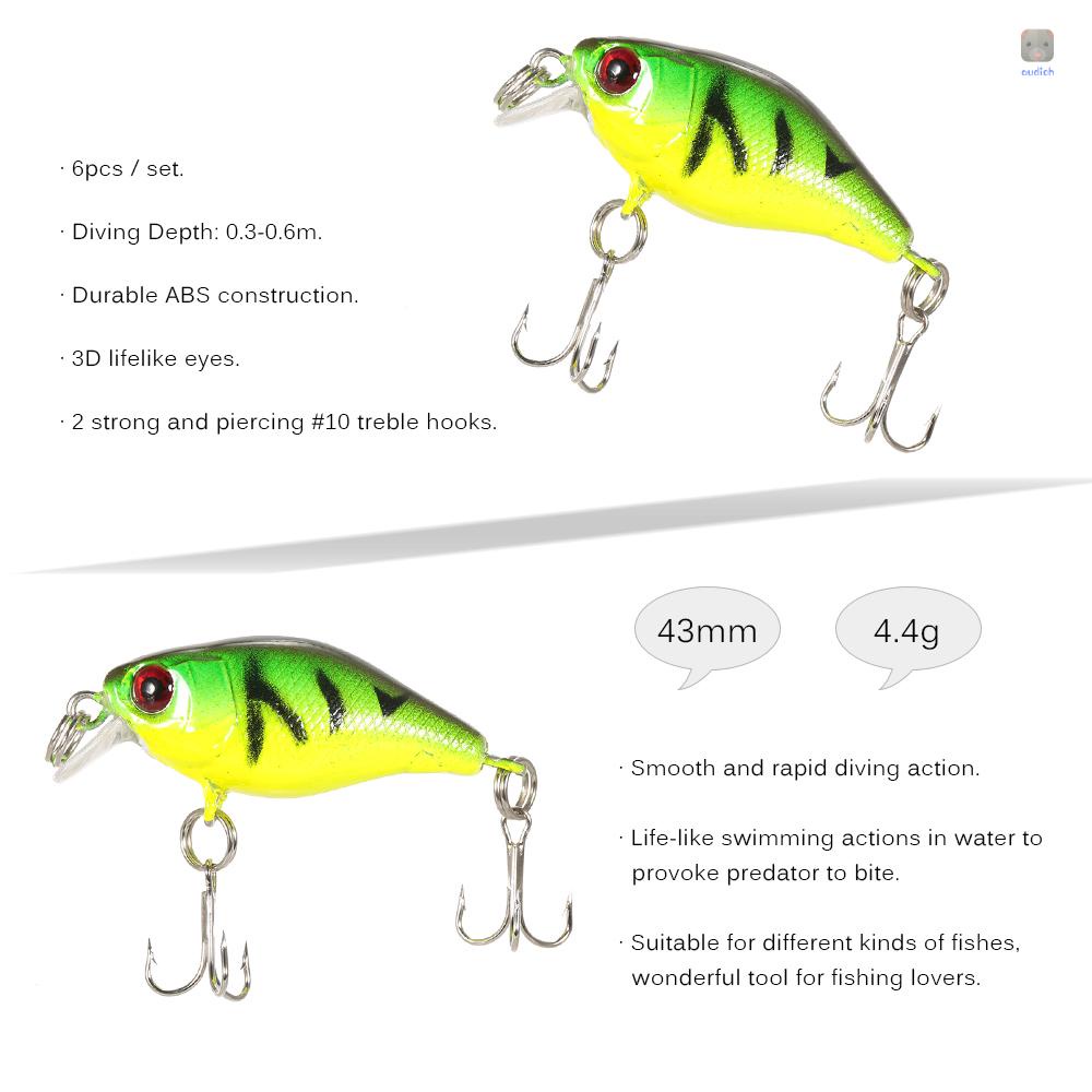 Lixada Bộ 6 Mồi Giả Câu Cá 4.4g 43mm 0.3-0.6m #Set 10 Móc 10 Lưỡi Câu Chất Lượng Cao