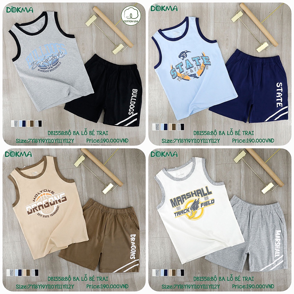 (7->12 tuổi) Bộ 3 lỗ sát nách bé trai Dokma - chất cotton Mỹ mềm mát, thoáng khí, thấm hút tốt (DB1558)