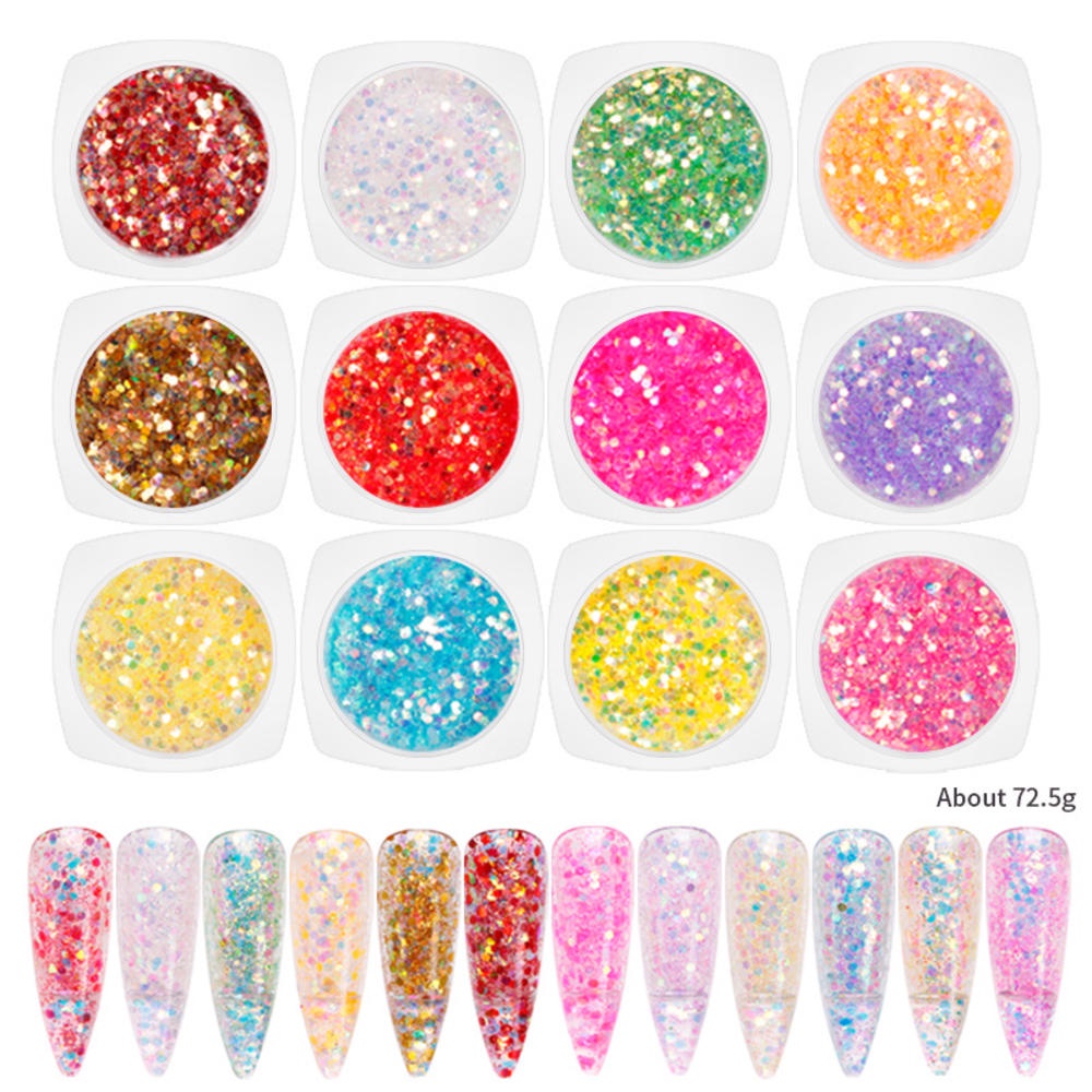 Set 12 Hộp Phụ Kiện Kim Tuyến Lấp Lánh Trang Trí Móng Tay Nghệ Thuật Kèm Hộp Đựng