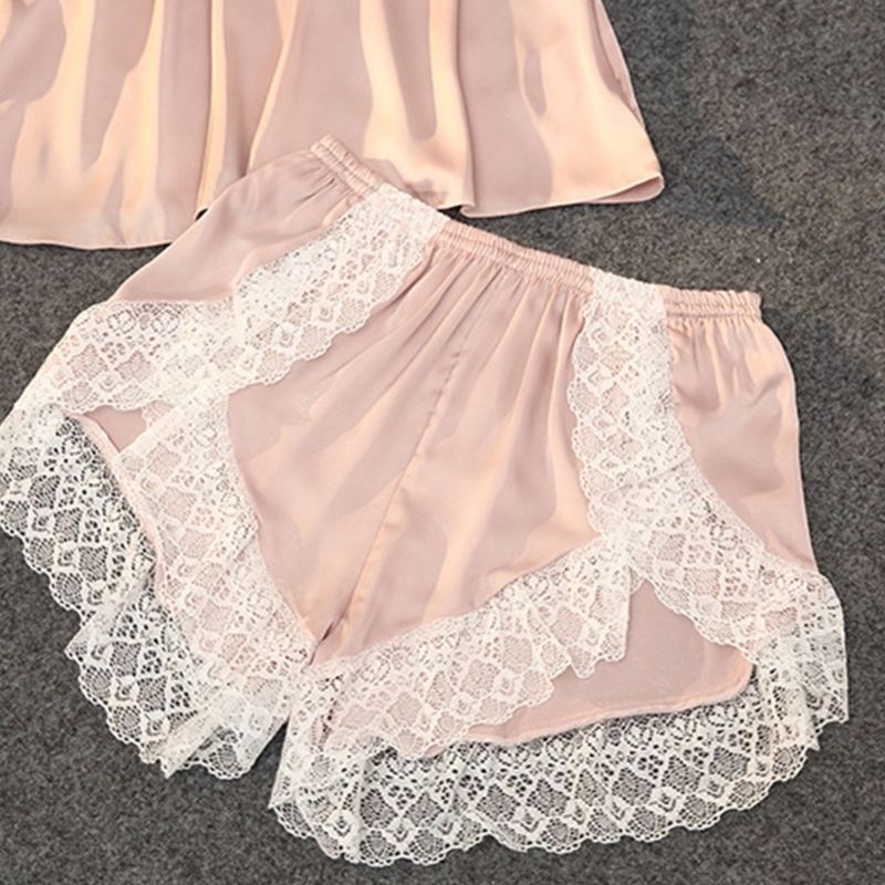 Bộ Đồ Ngủ 2 Mảnh Áo Không Tay Quần Short Màu Trơn Viền Ren Thoáng Khí Thời Trang Mùa Hè Cho Nữ