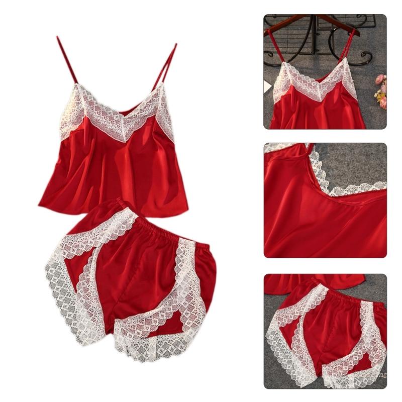 Bộ Đồ Ngủ 2 Mảnh Áo Không Tay Quần Short Màu Trơn Viền Ren Thoáng Khí Thời Trang Mùa Hè Cho Nữ