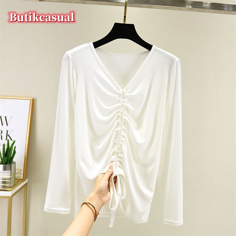 Áo Thun cotton Tay Dài Cổ Chữ v Dáng Rộng Màu Trơn Thời Trang Mùa Hè 2023 Cho Nữ