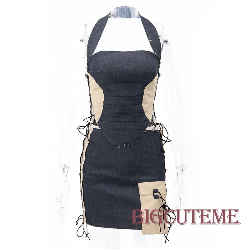 Bộ Áo 2 Dây + Chân Váy Ôm Mini Màu Sắc Tương Phản Thời Trang Mùa Hè Xinh Xắn Cho Nữ