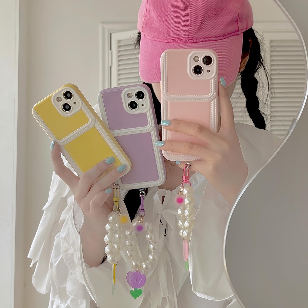 Ốp Điện Thoại tpu Silicon Mềm Màu Kẹo Có Ngăn Đựng Thẻ Và Dây Đeo Ngọc Trai Cho iPhone 14 13 12 11 PRO MAX