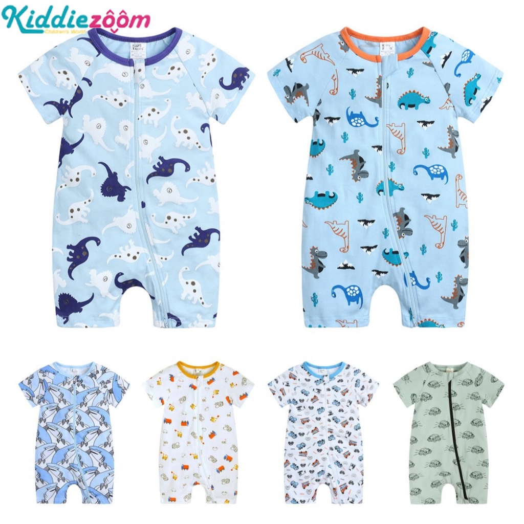 Bộ Áo Liền Quần Ngắn Tay Có Khóa Kéo Kèm Nón In Họa Tiết Hoạt Hình Dễ Thương Thời Trang Mùa Hè Cho Bé Trai Từ 0-3 Tuổi