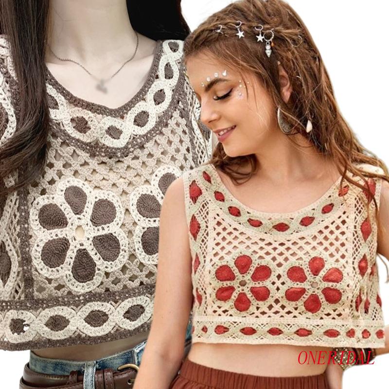 Áo Croptop Dệt Kim Dáng Rộng Họa Tiết Hình Học Phong Cách Vintage Cho Nữ