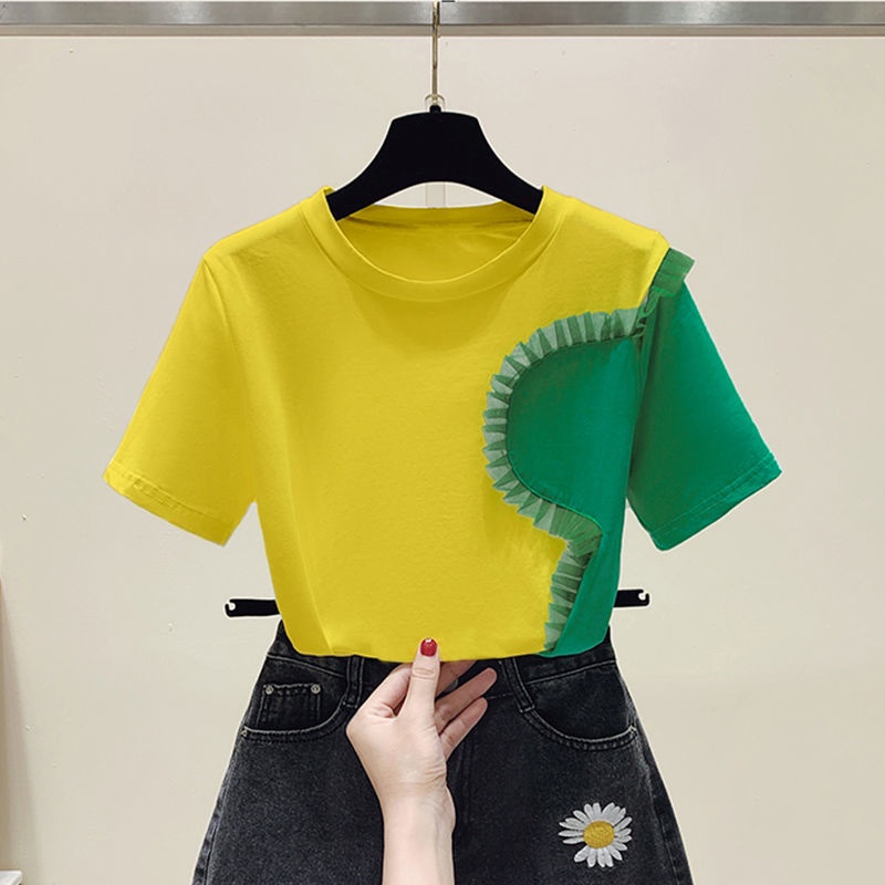 Áo Thun Tay Ngắn Cổ Tròn Dáng Rộng Màu Sắc Tương Phản Hợp Thời Trang