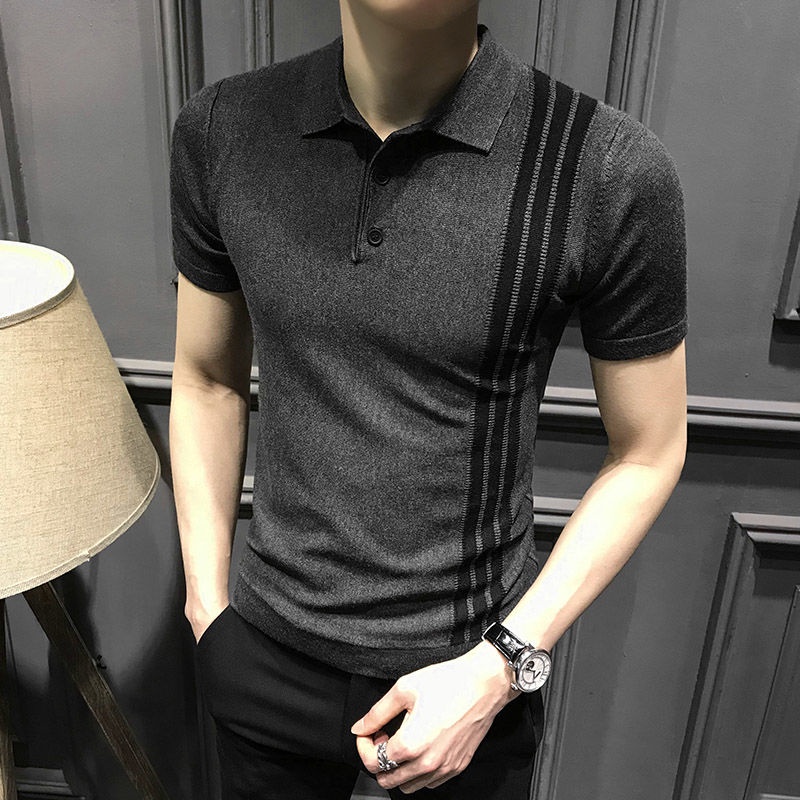 Áo Thun Polo Dệt Kim Ngắn Tay Form Ôm Họa Tiết Kẻ Sọc Thời Trang Mùa Hè Cho Nam