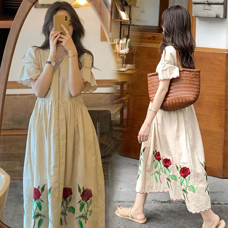 Đầm Cotton Lanh Cổ Chữ V Dáng Rộng Họa Tiết Hoa Hồng Thanh Lịch Thời Trang Mùa Hè Hàng Mới Dành Cho Bạn Nữ