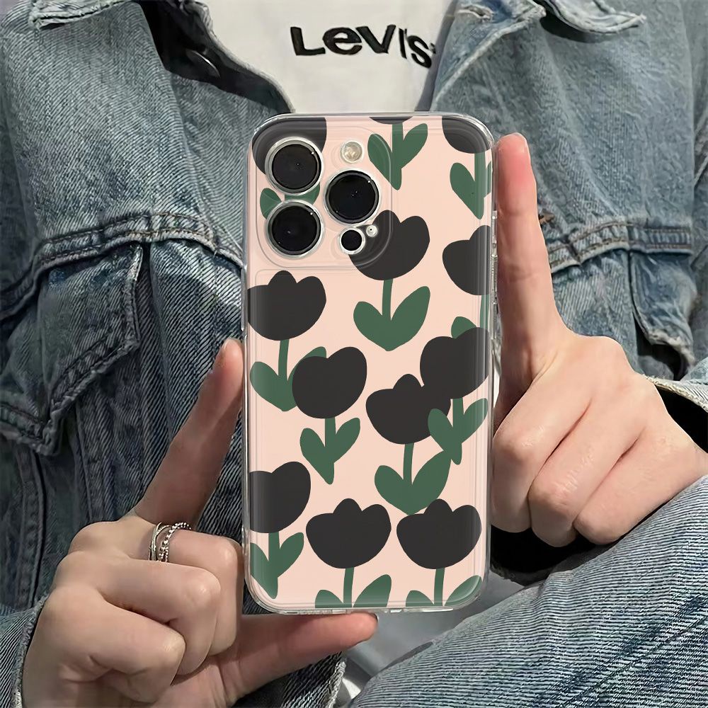 ✅Ốp Điện Thoại Mềm Hình Hoa Tulip Đen Chống Sốc Cho Iphone12 14pro78 13 max11 Plus6In OQGO