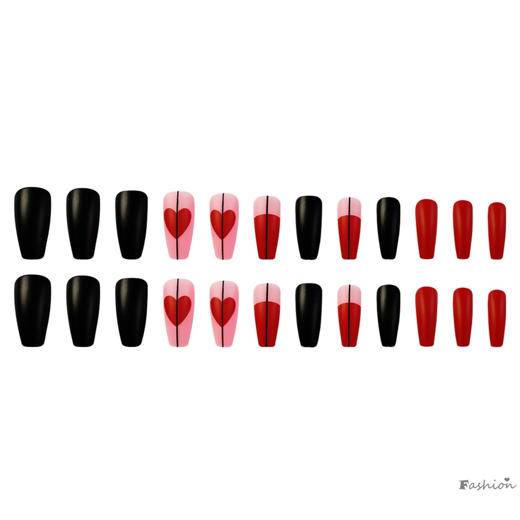 Móng Tay Giả Dài Màu Đỏ Đen Họa Tiết Trái Tim Có Thể Tái Sử Dụng