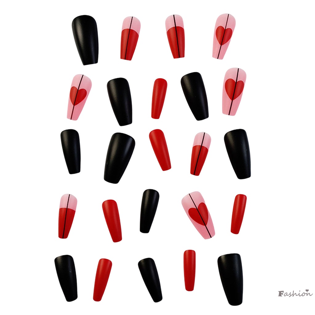 Móng Tay Giả Dài Màu Đỏ Đen Họa Tiết Trái Tim Có Thể Tái Sử Dụng