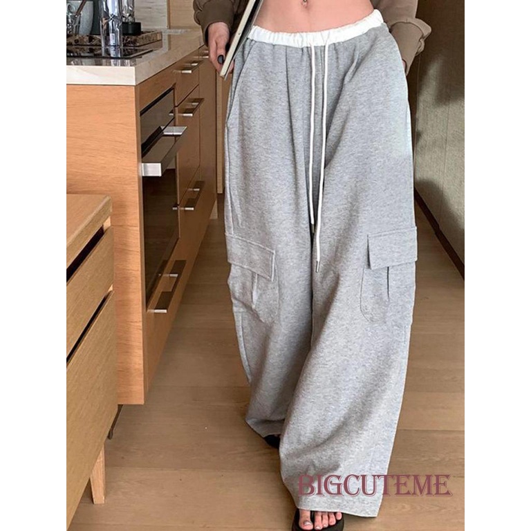 Quần Dài Lưng Thun Dáng Rộng Có Túi Phong Cách Đường Phố Cho Nữ