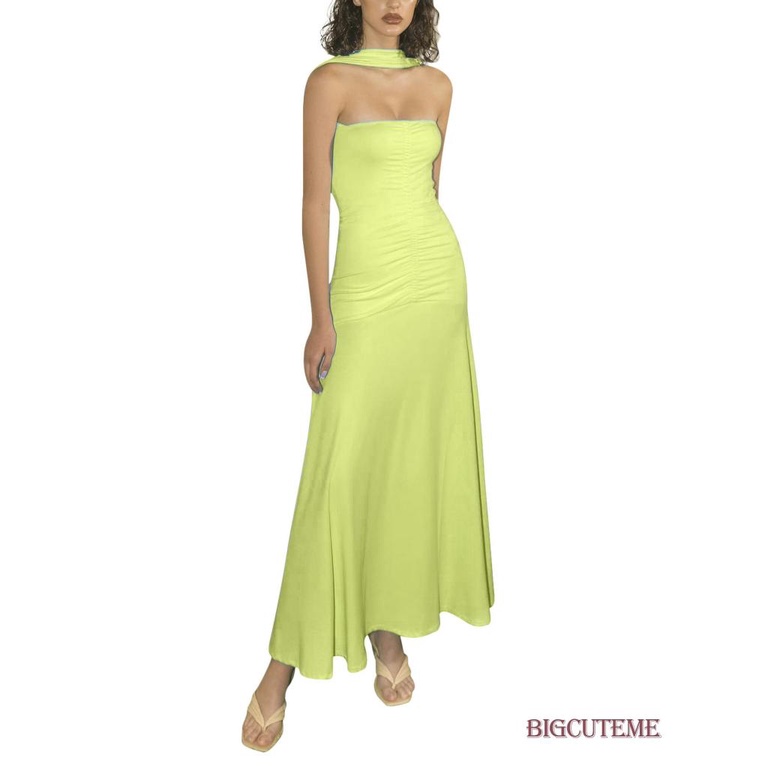 Đầm Hai Dây Mùa Xuân Hè Xếp Ly Màu Sắc Trơn Cổ Yếm Không Tay Cho Nữ