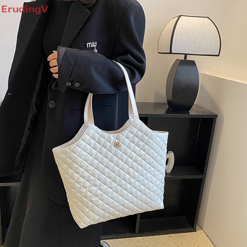 [ErudingV] Túi Xách Tote Đeo Vai Sức Chứa Lớn Họa Tiết Lưới Hình Thoi Vintage Thời Trang Mùa Thu Cao Cấp Có Khóa Cài [Mới]
