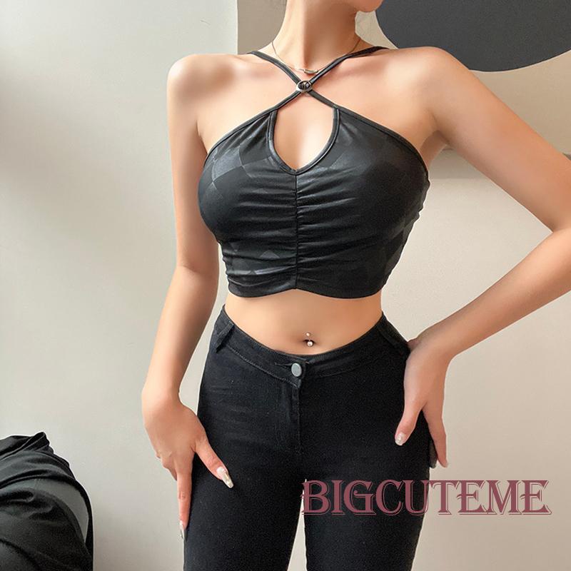 [] Áo Tank Top Màu Đen Kẻ Sọc Vuông Cổ Chéo Có Khóa Gài Thời Trang Cho Nữ