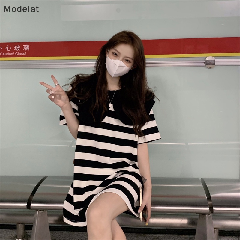 Mfc Đầm Tay Ngắn Dáng Rộng Họa Tiết Kẻ Sọc Chắp Vá Màu Ấm Trẻ Trung Cho Nữ Sinh