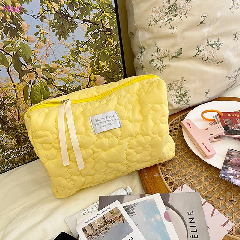 {Ffsd} Túi Đựng Mỹ Phẩm Chần Bông Màu Trơn Họa Tiết Hoa Dễ Thương * Bán Chạy