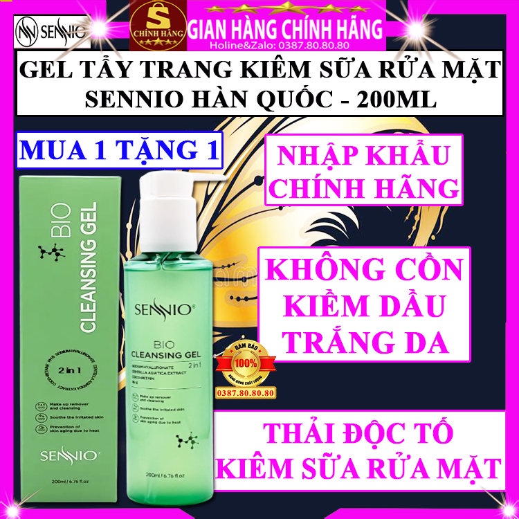 Nước tẩy trang không cồn dạng gel Sennio hàn quốc Bio xanh cho da dầu mụn khô nhạy cảm hỗn hợp kiêm sữa rửa mặt hoa hồng