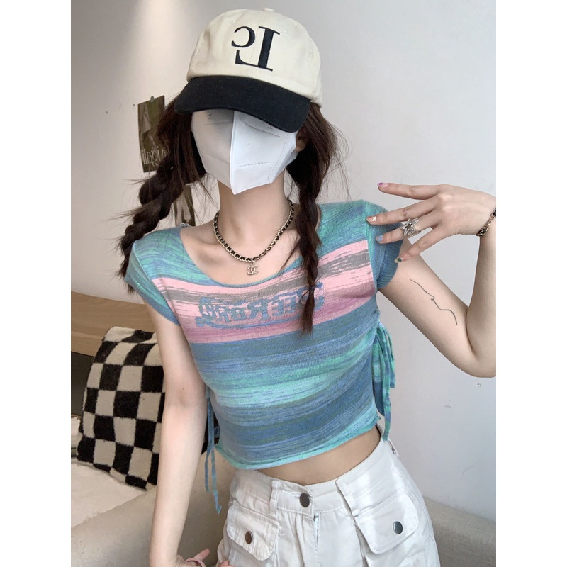 Áo Dệt Kim Dây Rút Kẻ Sọc In Chữ Phong Cách Hàn Quốc Cho Nữ