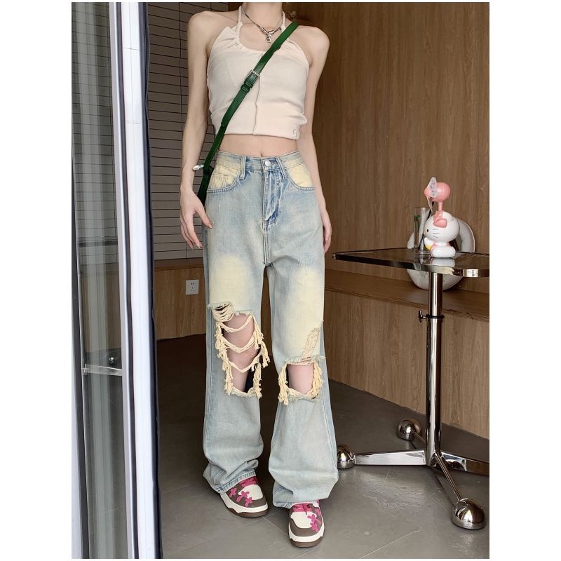Quần Jean Rách Ống Rộng Lưng Cao Thời Trang Mùa Hè Phong Cách Mỹ Cổ Điển Kiểu Mới Dành Cho Bạn Nữ
