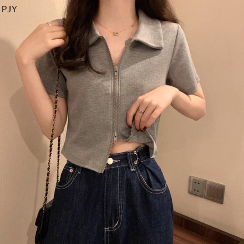Áo Crop Top Tay Ngắn Có Khóa Kéo Đôi Màu Trơn Thời Trang Mùa Hè Dành Cho Nữ PJ