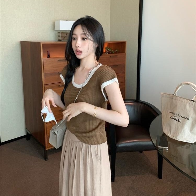 COZOK Áo Thun Dệt Kim Ngắn Tay Cổ Chữ U Phối Màu Tương Phản Thời Trang