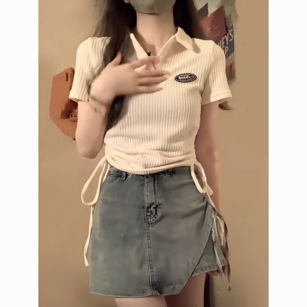 Áo Thun baby tee croptop nữ Ngắn Tay Cổ Chữ v Phối Dây Rút Phong Cách Mỹ Thời Trang Mùa Hè Mới 2023 Cho Nữ