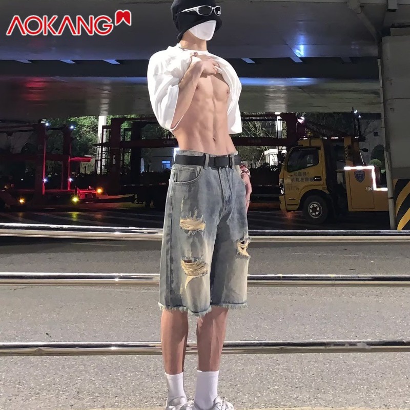 Quần short denim AOKANG có khóa kéo rách lỗ phong cách Nhật Bản thời trang mùa hè cho nam