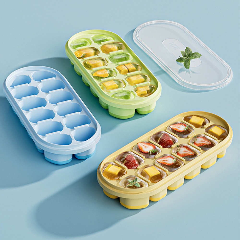 Khay Làm Đá Bằng Silicon Đế Mềm Có Nắp Đậy Tiện Lợi