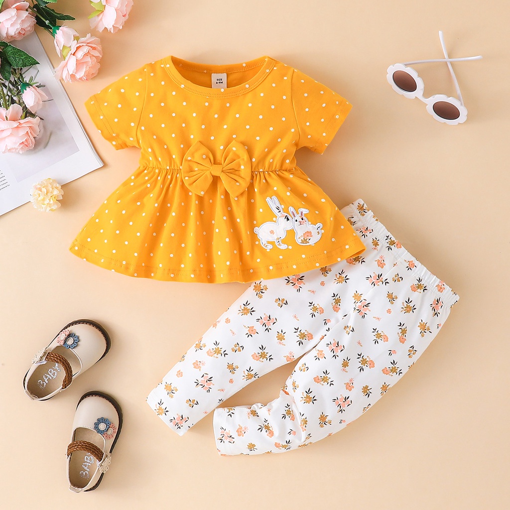 Combo bộ đồ bé gái 6-36 tháng  In Hình Thỏ Hoạt Hình In Hoa Dễ Thương Tay ngắn áo sơ mi quần dài set mùa hè thời trang cho bé trẻ em sơ sinh