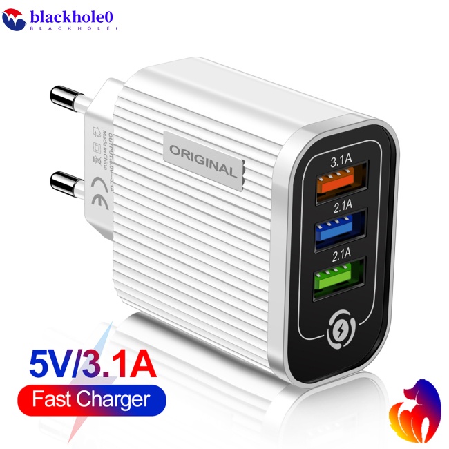 Củ Sạc Nhanh 5V / 3A 3 Cổng Usb Có Đèn Led Cho Điện Thoại