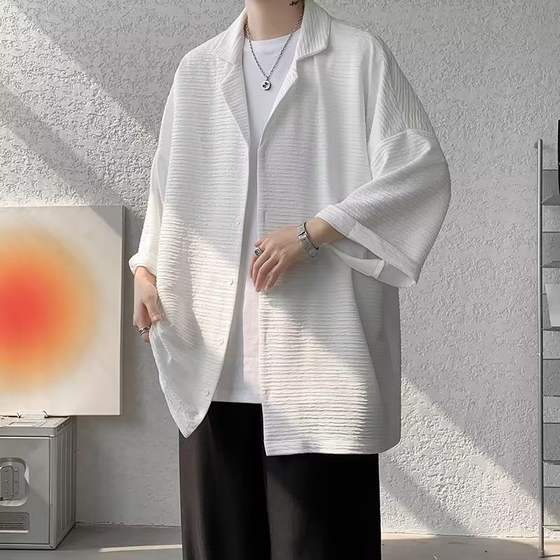 Áo Sơ Mi Mỏng Dáng Rộng Cổ Polo Tay 3 / 4 Màu Trơn Đơn Giản Thời Trang Mùa Hè Hàng Mới Dành Cho Bạn Nam M-5XL