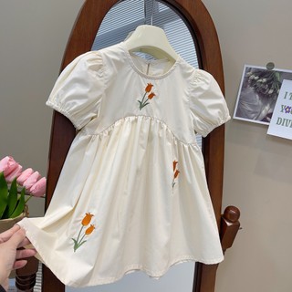 Đầm Công Chúa Màu Trắng Tay Ngắn Chất Liệu Cotton Thêu Hình Hoa Tulip Thời Trang Mùa Hè Cho Bé Gái