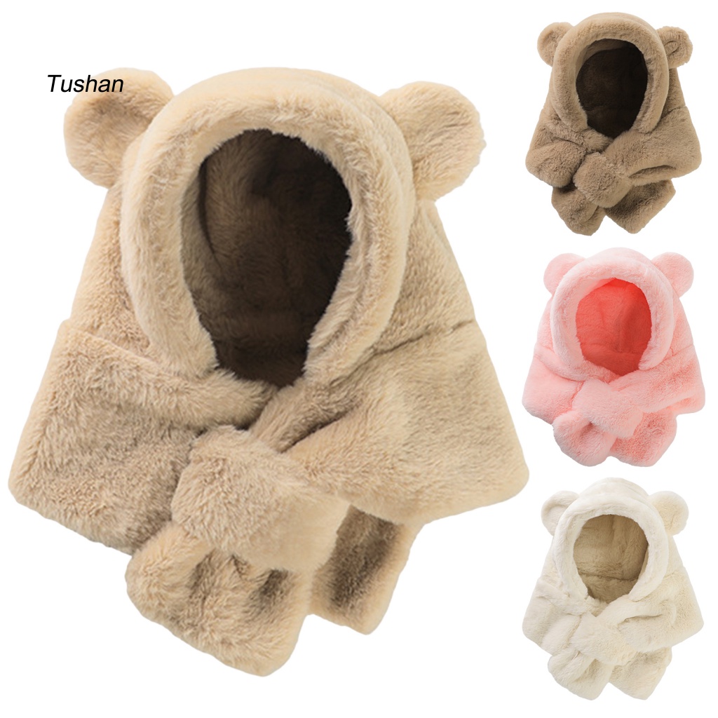 Mũ Flannel Dày Dặn Mềm Mại Màu Trơn Kèm Khăn Choàng Cổ Giữ Ấm Mùa Đông Cho Bé