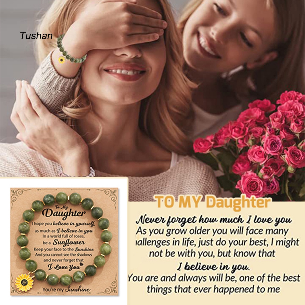 [Ts] Vòng Tay Chuỗi Hạt Hoa Hướng Dương Với Thẻ Truyền Cảm Hứng Co Giãn Điều Chỉnh Được Hạt Đá Tròn