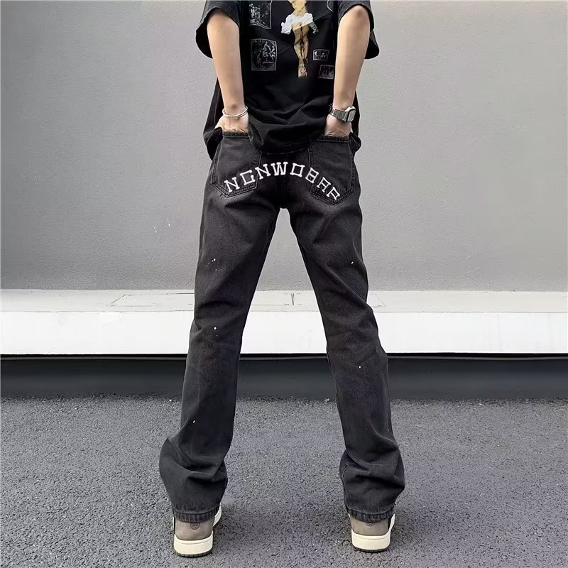 Quần jean ống đứng thiết kế trẻ trung quần bò nam họa tiết chữ cái thêu quần jean nam phong cách đườ