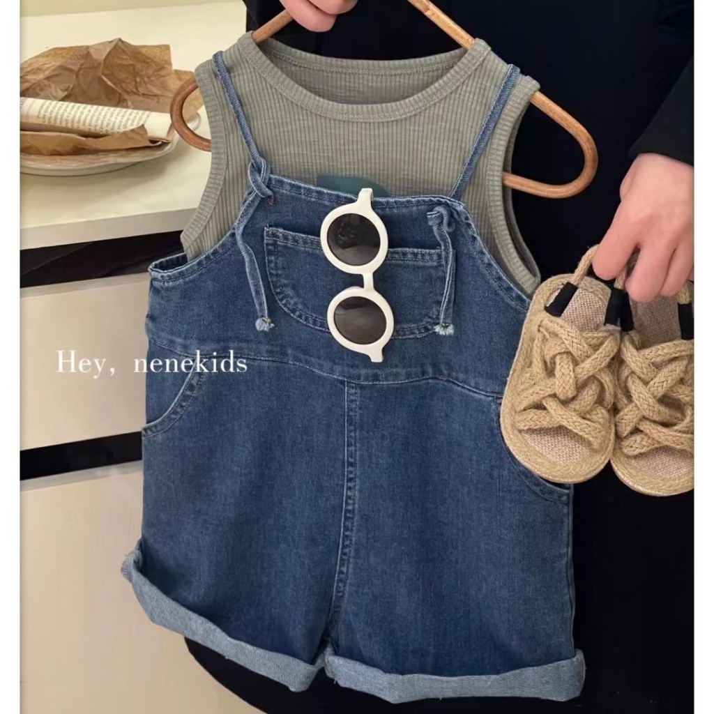 Bộ Áo Thun + Quần Yếm Denim Ngắn Dáng Rộng Thời Trang Mùa Hè 2023 Mới Cho Bé Gái