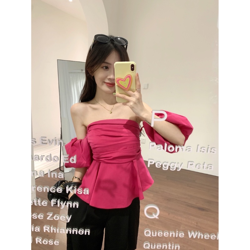 Cozok Áo Sơ Mi Tay Phồng Ngắn Xếp Ly Một Bên Vai Ôm Dáng Kiểu Vintage