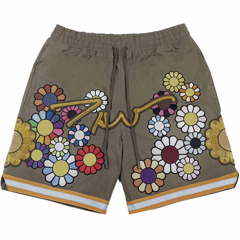 Fashionable New Embroidered Gold Thread SUNFLOWER Shorts Men's Loose Cargo Sports Pants Thin and All-Matching Shorts GRoa