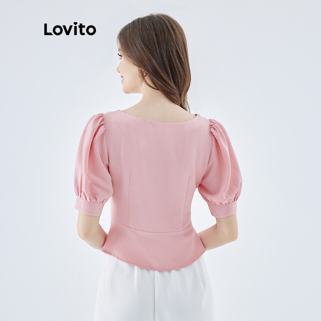 Áo kiểu Lovito tay phồng cổ tim may đường chỉ nút trước màu trơn thanh lịch cho nữ L49ED054 (màu hồng)