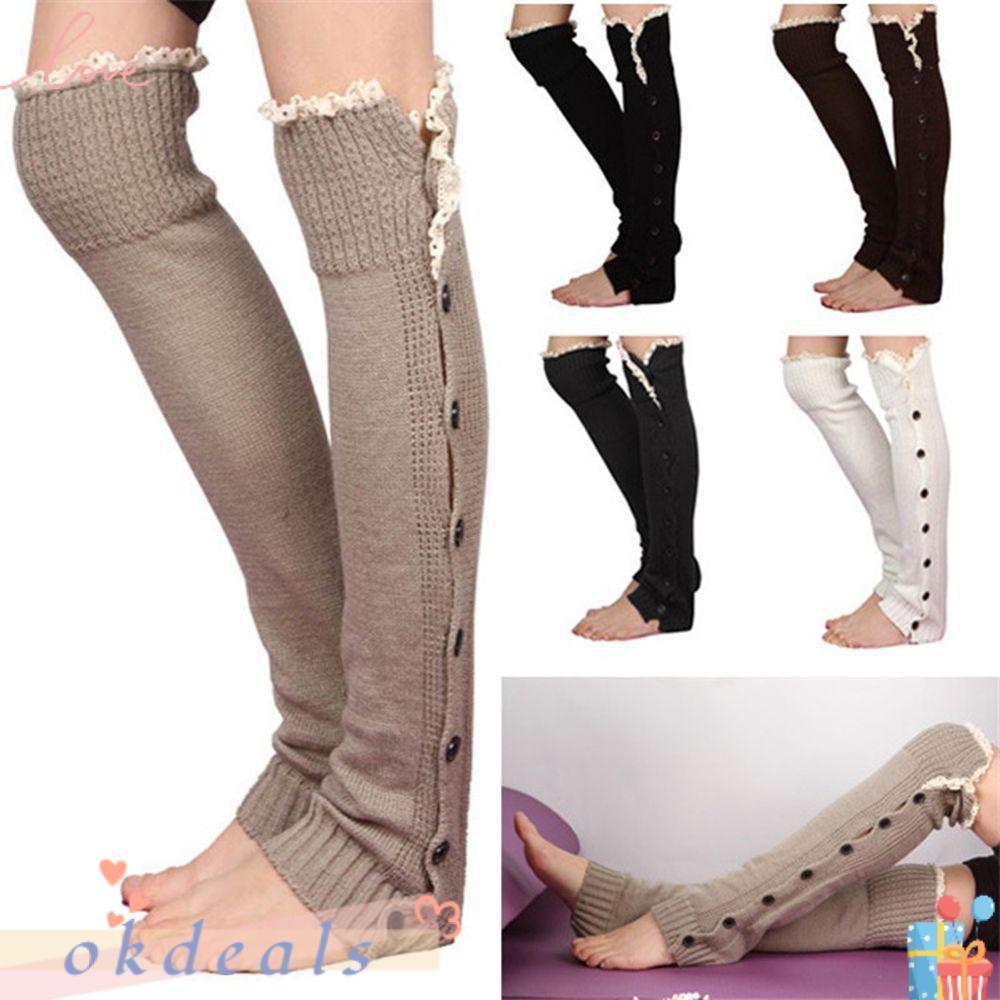Tất Ống Chân Giữ Ấm Mùa Đông Đính Nút Ren OKDEALS