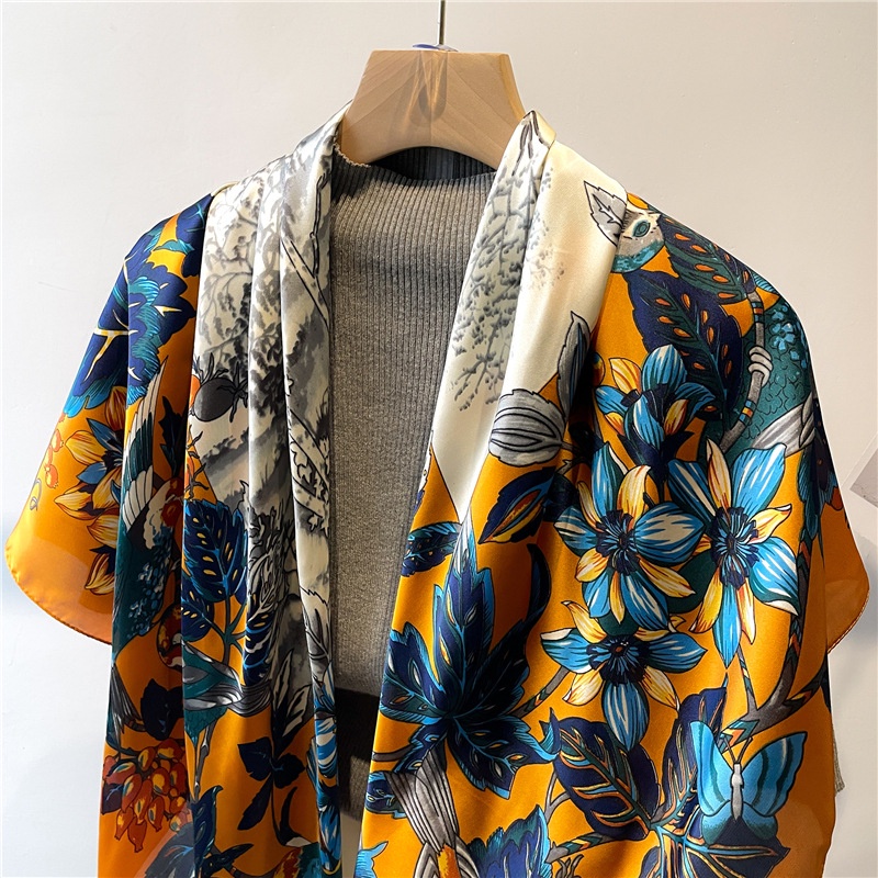 Khăn Choàng Vuông Cỡ Lớn 110cm Bằng Satin Họa Tiết Hoa Và Chim Thời Trang Mùa Hè