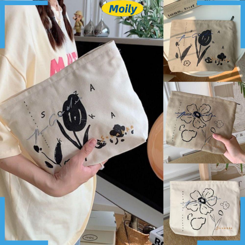 Túi Đựng Đồ Trang Điểm Bằng Cotton Họa Tiết Hoa Có Khóa Kéo