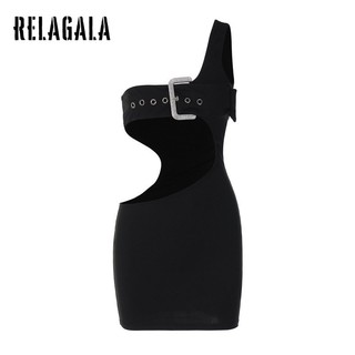 RelaGala Nữ Mới Một Vai Cá Tính Vuông Nút Quấn Ngực Cutout Hông Váy Gợi Cảm