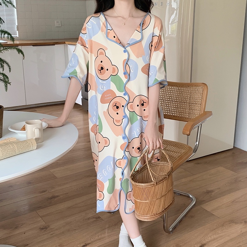 Đầm Ngủ Cotton Dáng Vừa In Họa Tiết Gấu Hoạt Hình Dễ Thương Thời Trang Mùa Hè Cho Nữ