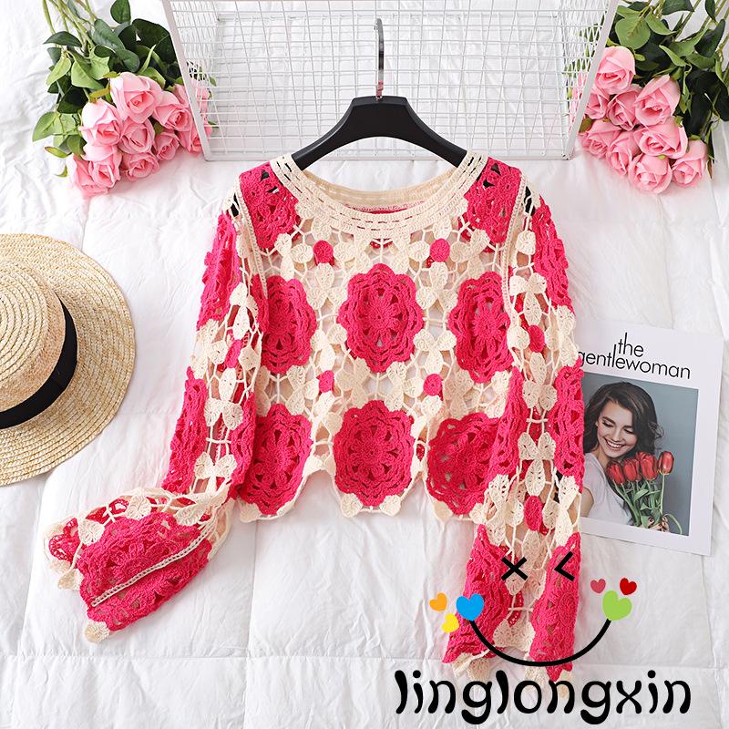 Áo Croptop 2 Dây Tay Dài In Hoa Xinh Xắn Cho Nữ