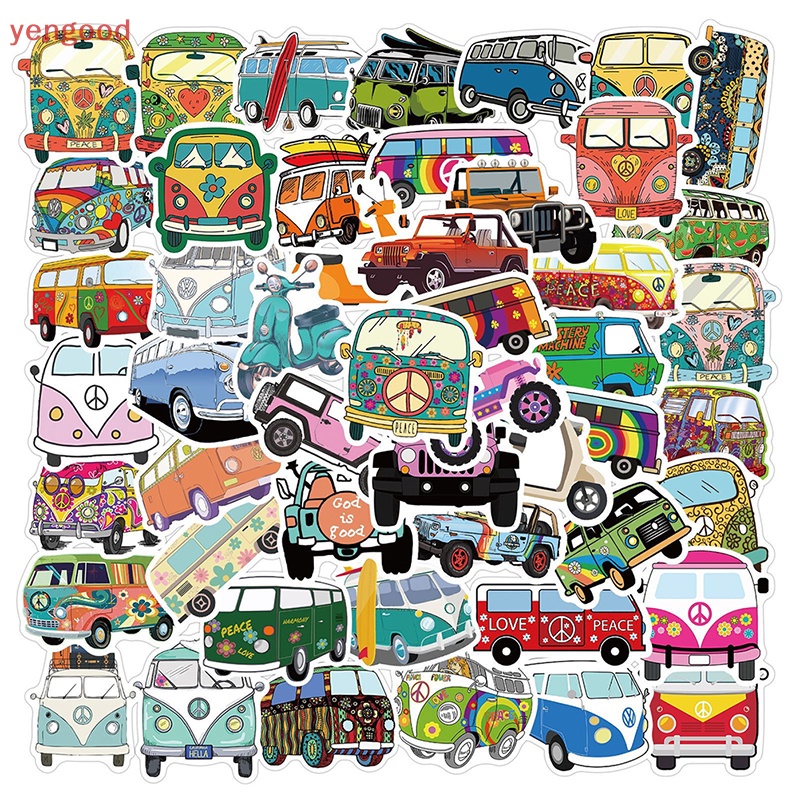 Set 50 Miếng Dán Trang Trí Xe Buýt Laptop Hành Lý Phong Cách Retro Hippie