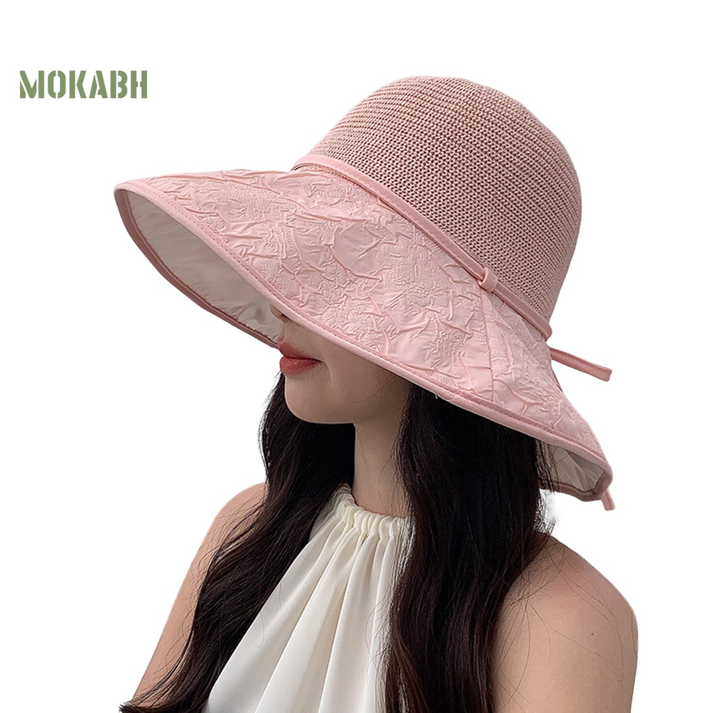 [Mok Abh] Mũ Ngư Dân Dệt Kim Vành Rộng Thắt Nơ Thoáng Khí Chống Nắng Đi Biển Mùa Hè Cho Nữ